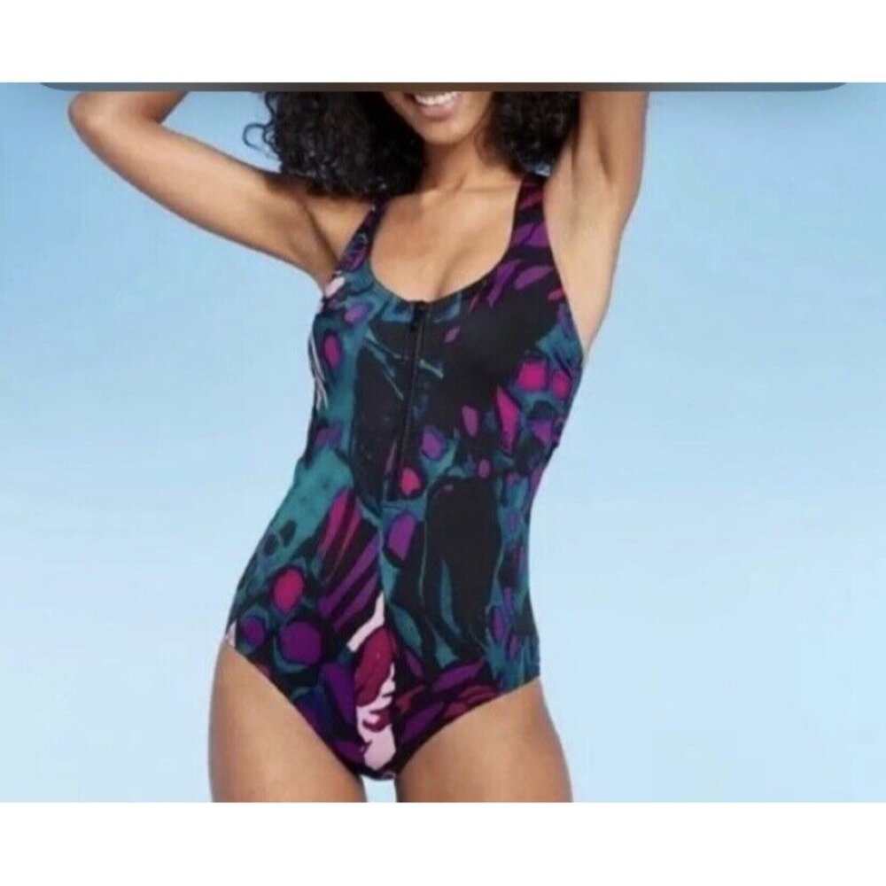 All in Motion Swimsuit One Piece Small Zip-Front Racerback Multicolor
